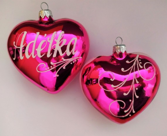 SRDCE VELKÉ RŮŽOVÉ LESK, SKLENĚNÁ OZDOBA, BÍLÝ DEKOR