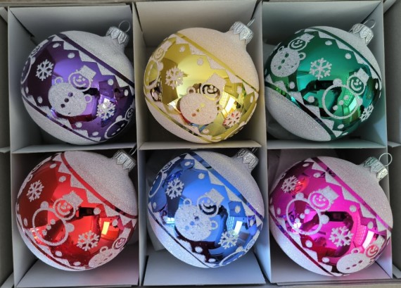 KOULE, skleněná, hladká, barva ass, bílý dekor sněhuláka