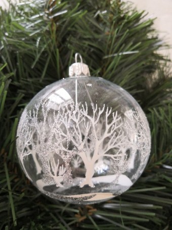 KOULE, SKLENĚNÁ VÁNOČNÍ OZDOBA, ČIRÁ, MOTIV STROMŮ