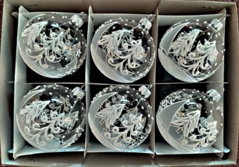 KOULE, SKLENĚNÁ VÁNOČNÍ OZDOBA, ČIRÁ, MOTIV STROMŮ