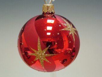 KOULE, SKLENĚNÁ, HLADKÁ, ČERVENÁ, LESK, ZLATÝ DEKOR HVĚZD
