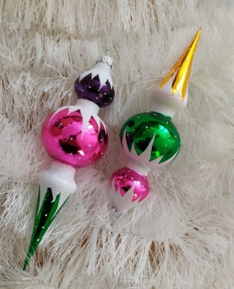 OBRÁCENÁ 2-KULOVÁ ŠPIČKA, volně foukaný tvar, lesk/mat, retro barevný dekor