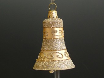 ZVONEK, SKLENĚNÁ VÁNOČNÍ OZDOBA, ZLATÝ, RETRO DEKOR