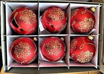 KOULE, SKLENĚNÁ, HLADKÁ, ČERVENÁ, MAT, ZLATÝ DEKOR, ŠATON