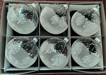 KOULE, SKLENĚNÁ VÁNOČNÍ OZDOBA, ČIRÁ, MOTIV STROMŮ