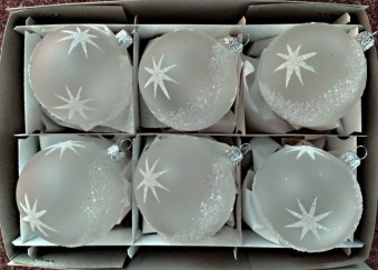 KOULE, SKLENĚNÁ VÁNOČNÍ OZDOBA, PRŮHLEDNÁ, BÍLÁ, MOTIV HVĚZD