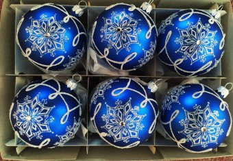 KOULE, SKLENĚNÁ, HLADKÁ, TMAVĚ MODRÁ, MAT, BÍLÝ DEKOR SE ŠATONY