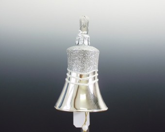 ZVONEK, SKLENĚNÁ VÁNOČNÍ OZDOBA, STŘÍBRNÝ, SYPANÝ DEKOR
