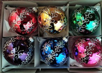 KOULE, SKLENĚNÁ, HLADKÁ, BARVA ASS, LESK, STŘÍBRNÝ MALOVANÝ DEKOR