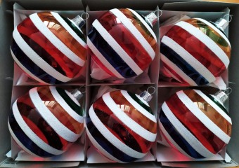 KOULE, SKLENĚNÁ VÁNOČNÍ OZDOBA, ČIRÁ, BAREVNÝ RETRO DEKOR