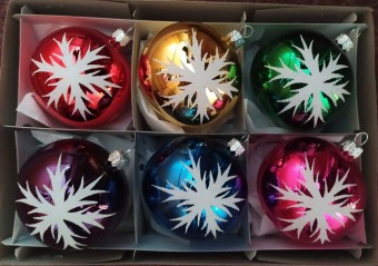 KOULE, SKLENĚNÁ, HLADKÁ, BARVA ASS, LESK, MALOVANÝ BÍLÝ DEKOR VLOČKY