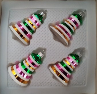 ZVONEK, SKLENĚNÁ VÁNOČNÍ OZDOBA, STŘÍBRNÝ, BAREVNÝ RETRO DEKOR