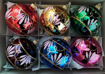 KOULE, SKLENĚNÁ, HLADKÁ, BARVA ASS, LESK, MALOVANÝ DEKOR, MOTIV LÍSTKŮ