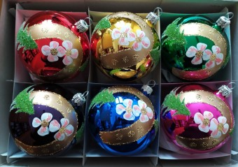 KOULE, SKLENĚNÁ VÁNOČNÍ OZDOBA, BARVA LESK ASS, RETRO DEKOR, ZLATÁ PODKOVA