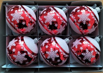 KOULE, SKLENĚNÁ, HLADKÁ, ČERVENÁ, LESK, BÍLÝ DEKOR