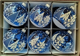 KOULE, SKLENĚNÁ VÁNOČNÍ OZDOBA, PRŮHLEDNÁ, MODRÁ, MOTIV STROMŮ