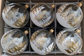 KOULE, SKLENĚNÁ VÁNOČNÍ OZDOBA, ČIRÁ, BÍLOZLATÝ MOTIV STROMŮ