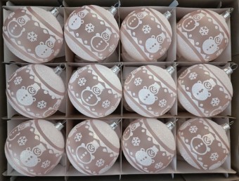 KOULE, SKLENĚNÁ VÁNOČNÍ OZDOBA, PRŮHLEDNÁ, RŮŽOVÁ, MOTIV SNĚHULÁKA