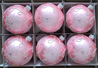 KOULE, SKLENĚNÁ, HLADKÁ, RŮŽOVÁ, MAT, BÍLÝ DEKOR SE ŠATONY