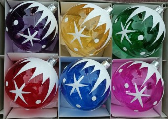 KOULE, SKLENĚNÁ VÁNOČNÍ OZDOBA, PRŮHLEDNÁ, BAREVNÝ RETRO DEKOR