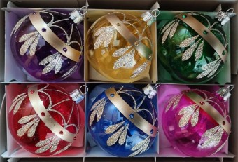 KOULE, SKLENĚNÁ VÁNOČNÍ OZDOBA, PRŮHLEDNÁ, BAREVNÁ, ZLATÝ RETRO DEKOR