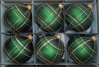 KOULE, skleněná, tm. zelený mat, dekor zelené káro