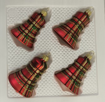 ZVONEK, skleněný, červený mat, dekor káro