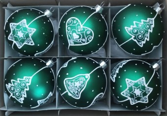 KOULE, skleněná vánoční ozdoba, tm. zelená, mat, bílý plastický dekor