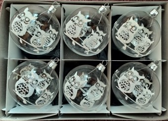 KOULE, SKLENĚNÁ VÁNOČNÍ OZDOBA, ČIRÁ, MOTIV SOVY