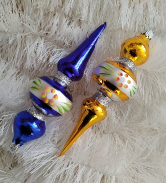 OBRÁCENÁ 2-KULOVÁ ŠPIČKA, volně foukaný tvar, lesk/mat, retro barevný dekor