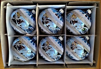 KOULE, SKLENĚNÁ, HLADKÁ, LESK, SVĚTLE MODRÁ, MALOVANÁ, DEKOR