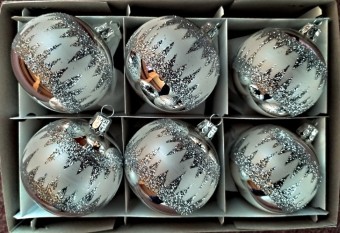 KOULE, skleněná vánoční ozdoba, stříbrná, lesk, stříbrný dekor