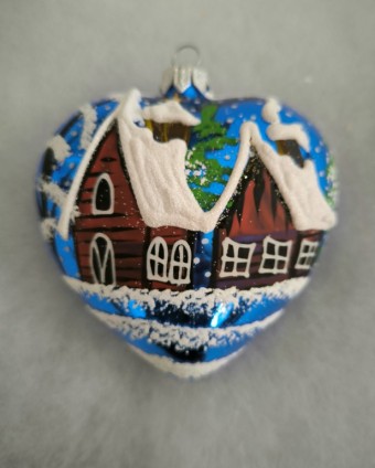 SRDCE VELKÉ, skleněné, modrý lesk, zimní motiv