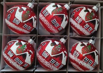 KOULE, SKLENĚNÁ VÁNOČNÍ OZDOBA, ČERVENÁ, MAT, PLASTICKÝ ZIMNÍ DEKOR S DOMKY