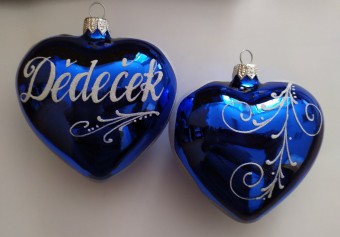 SRDCE VELKÉ TMAVĚ MODRÉ LESK, SKLENĚNÁ OZDOBA, BÍLÝ DEKOR