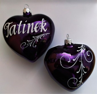 SRDCE VELKÉ TMAVĚ FIALOVÉ LESK, SKLENĚNÁ OZDOBA, BÍLÝ DEKOR