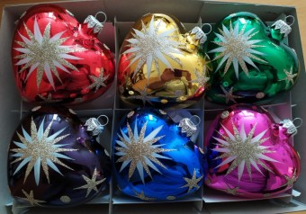 SRDCE VELKÉ, skleněné, forma, barva ass, lesk, zlatý dekor