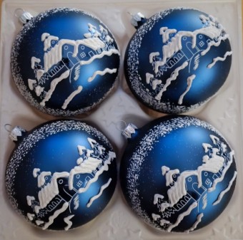 KOULE, skleněná, tmavě modrá, mat, bílý dekor