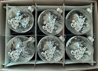 KOULE, SKLENĚNÁ VÁNOČNÍ OZDOBA, ČIRÁ, MOTIV STROMŮ