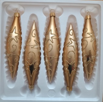 RAKETA, SKLENĚNÁ VÁNOČNÍ OZDOBA, ZLATÁ, DEKOR HVĚZD