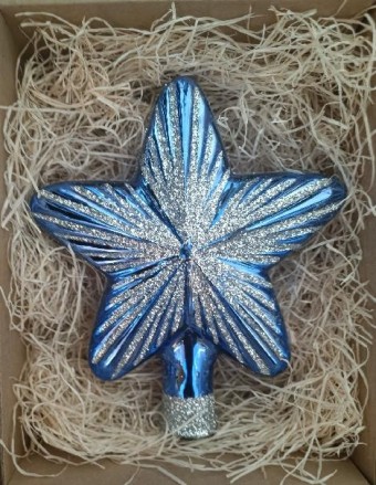 ŠPICE HVĚZDA, SKLENĚNÁ, FORMA, MODRÁ, LESK, STŘÍBRNÝ DEKOR, ŠATON