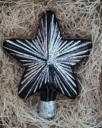 ŠPICE HVĚZDA, SKLENĚNÁ, FORMA, ČERNÁ, LESK, STŘÍBRNÝ DEKOR, ŠATON
