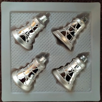 ZVONEK, SKLENĚNÁ VÁNOČNÍ OZDOBA, STŘÍBRNÝ, RETRO DEKOR