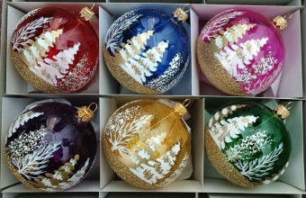 KOULE, skleněná vánoční ozdoba, průhledná, barva ass, lesk, bílozlatý dekor stromů