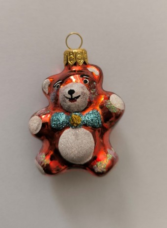 MEDVÍDEK, skleněná vánoční ozdoba, ručně malovaný dekor