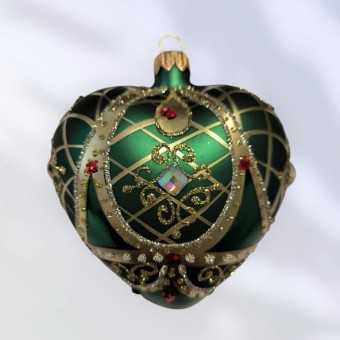 SRDCE VELKÉ, skleněné, forma, tm. zelené, zlatý dekor