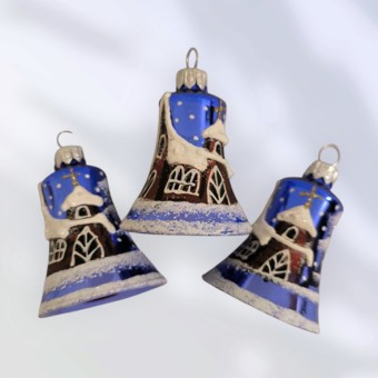 ZVONEK, skleněný, modrý, lesk, zimní motiv