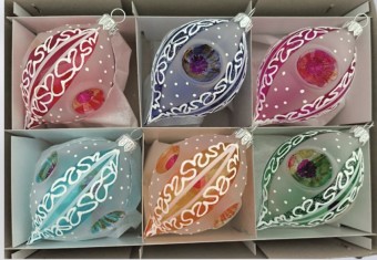 OLIVA PÍCHANÁ, skleněná, bílá průhledná, barevný retro dekor