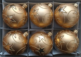 KOULE, SKLENĚNÁ, HLADKÁ, ZLATÁ, MAT, ZLATÝ PLASTICKÝ DEKOR HVĚZD