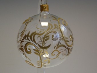KOULE, SKLENĚNÁ VÁNOČNÍ OZDOBA, ČIRÁ, ZLATÝ DEKOR